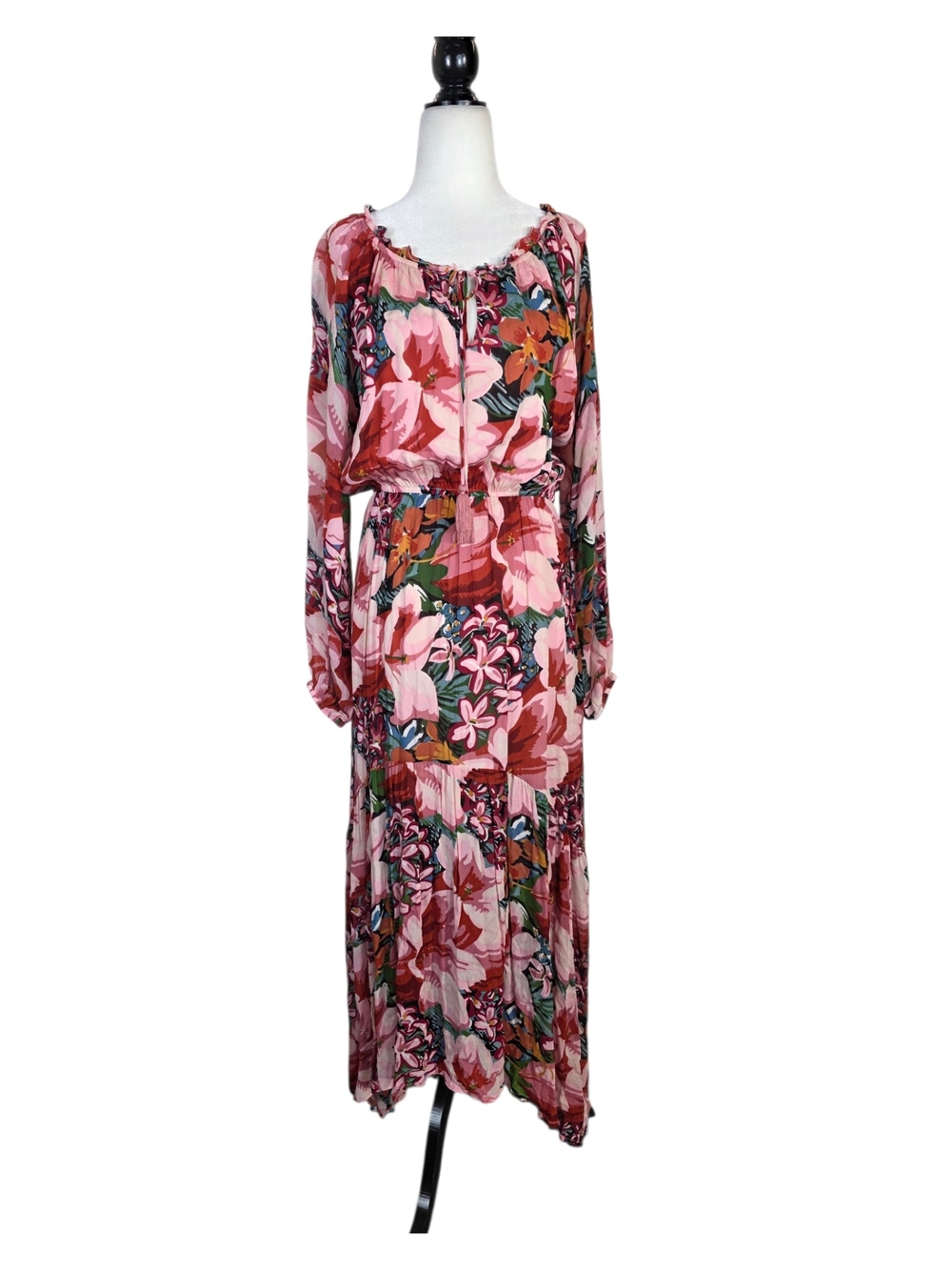 Suncoo bold  Floral Pink Long-Sleeve Tiered Maxi Dress